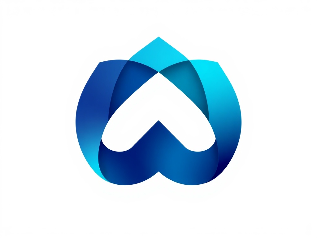 A minimalist logo mark consisting of a geometric 'M' formed by smooth overlapping curves in a gradient from deep blue to teal, isolated on a transparent background. 8k 3D render, metallic sheen.